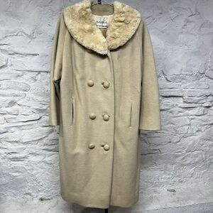 Vintage 50s 60s Wool Double Breasted Full Length Coat Halle Bros Faux Fur Collar
